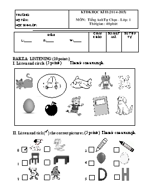 Đề kiểm tra định kì học kì II Tiếng anh lớp 1 - Năm học 2014-2015